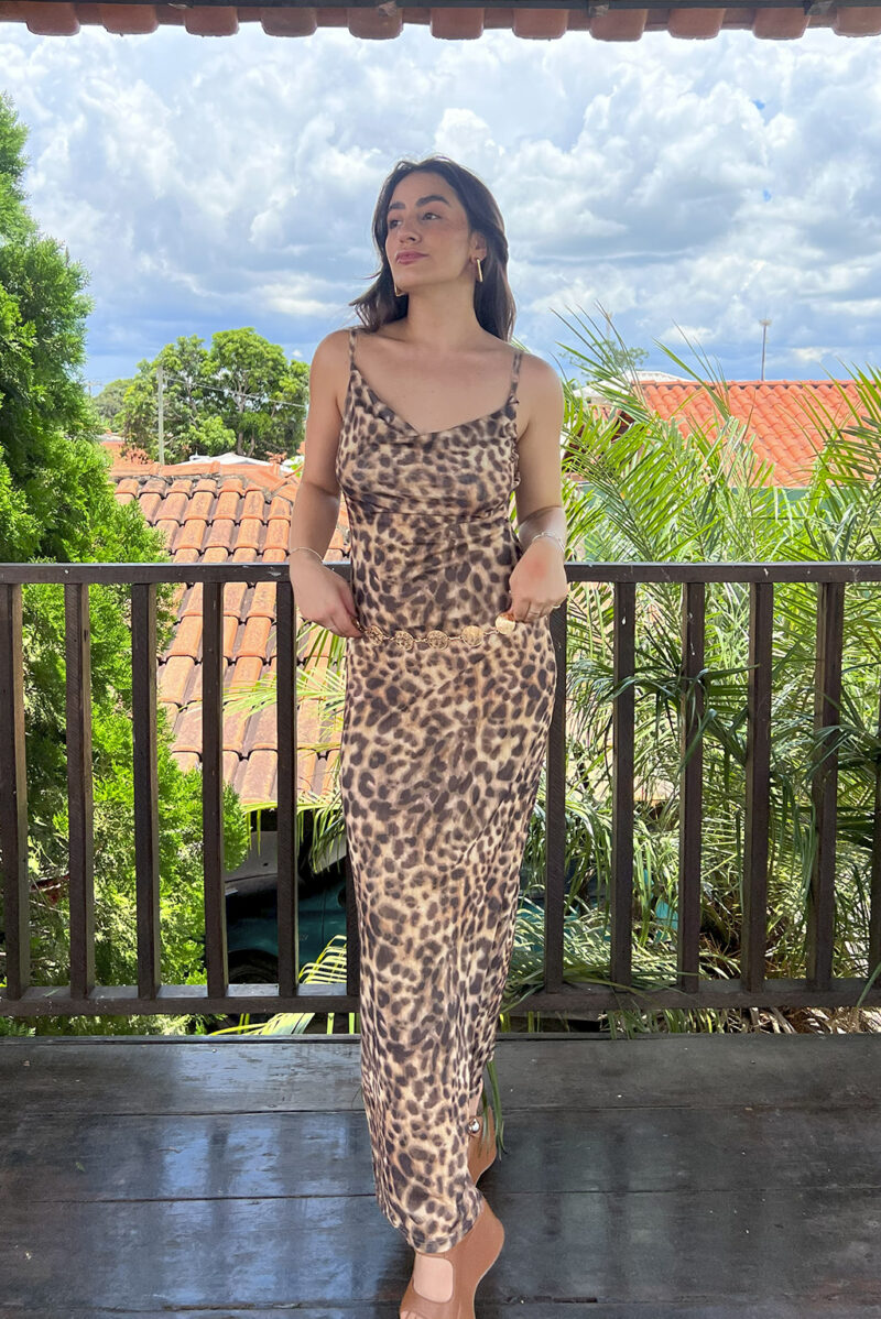 Vestido Longo Slip Tule Onça